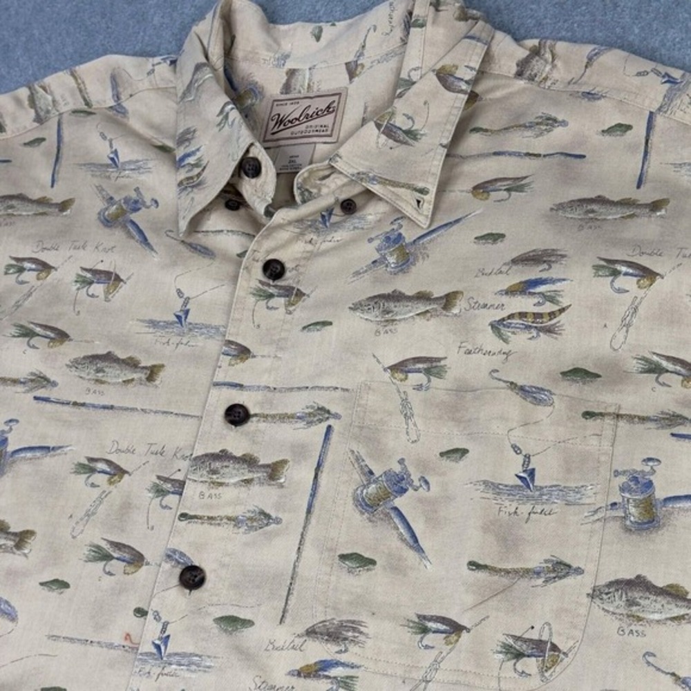 VTG Woolrich Shirt Mens XXL Tan Fishing Tackle Reel Button Up All Over Outdoor